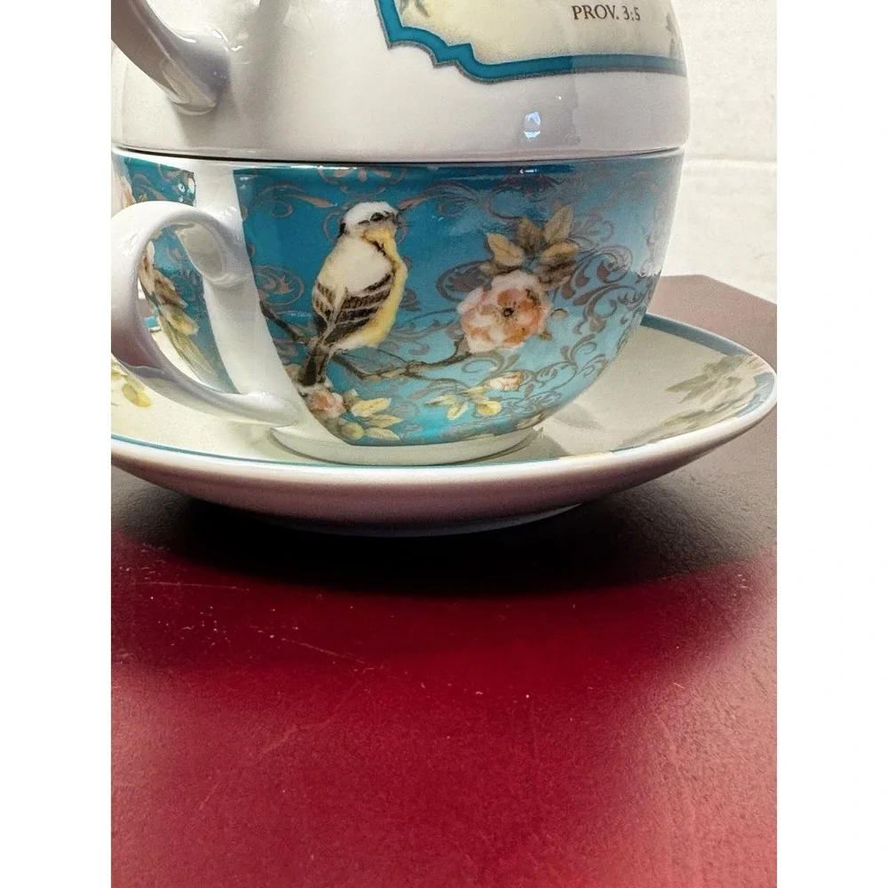 Christian Gifts teapot teacup with saucer Teal blue birds Bible Proverbs 3:5 E10